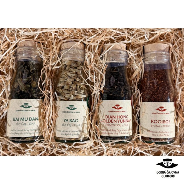 Dárková sada 4 čajů v láhvi - 1. čaj: Bai Mu Dan, 2. čaj: Golden Yunnan, 3. čaj: Vanilkový, 4. čaj: Vanilkový