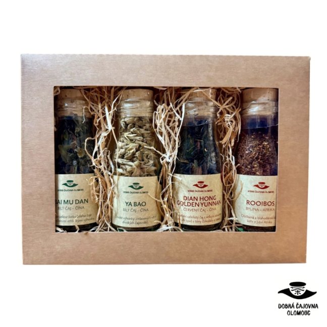 Dárková sada 4 čajů v láhvi - 1. čaj: Bai Mu Dan, 2. čaj: Golden Yunnan, 3. čaj: Vanilkový, 4. čaj: Vanilkový